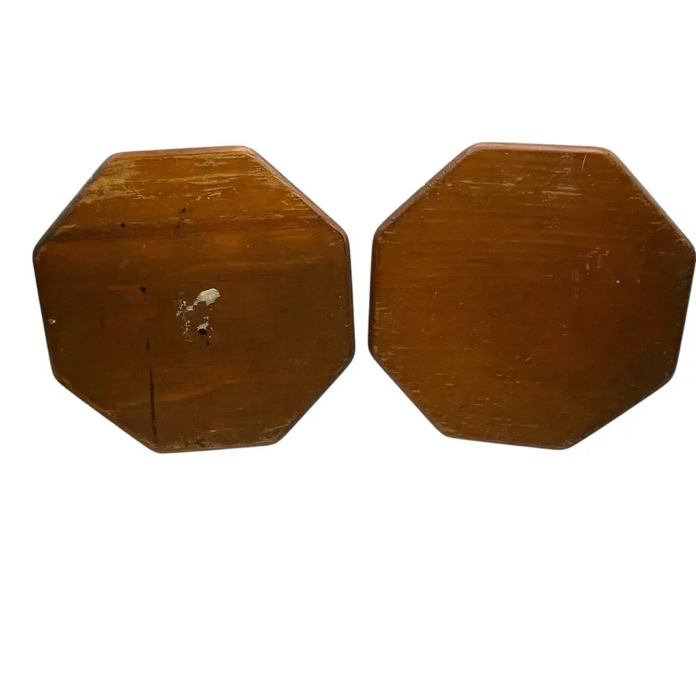 Candle Stick Holders Vintage Set of 2 Wood Octagon Shaped Handmade Retro Rustic